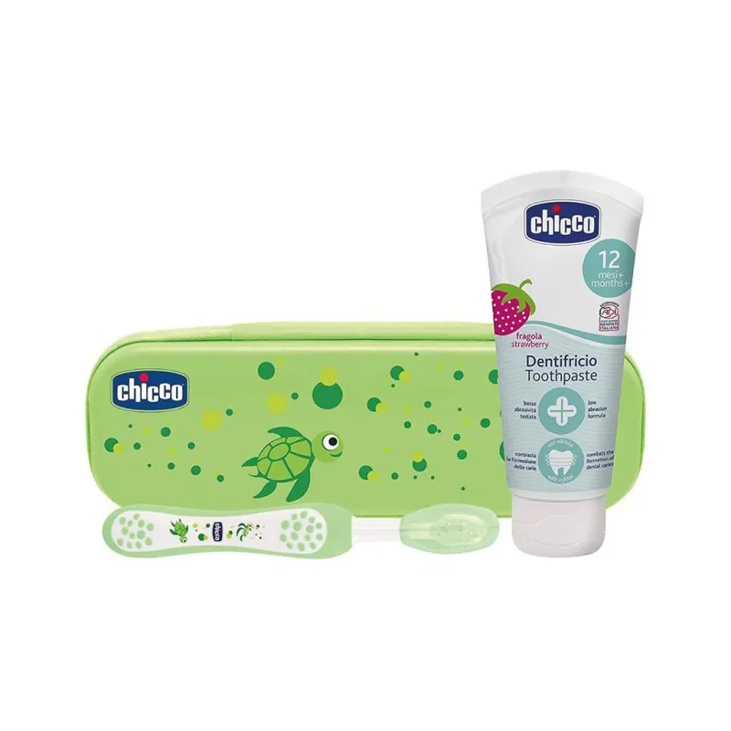 CHICCO Set zubní kartáček a pasta s fluorem v pouzdře Always Smiling 12m+