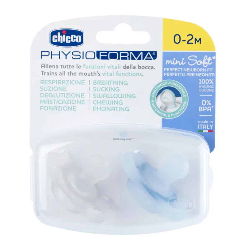 CHICCO Dudlík Physio Mini Soft celosilikonový 0-2m kluk 2 ks