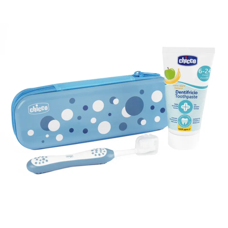 CHICCO Set zubní kartáček a pasta v pouzdře Always smiling - light blue, 6m+