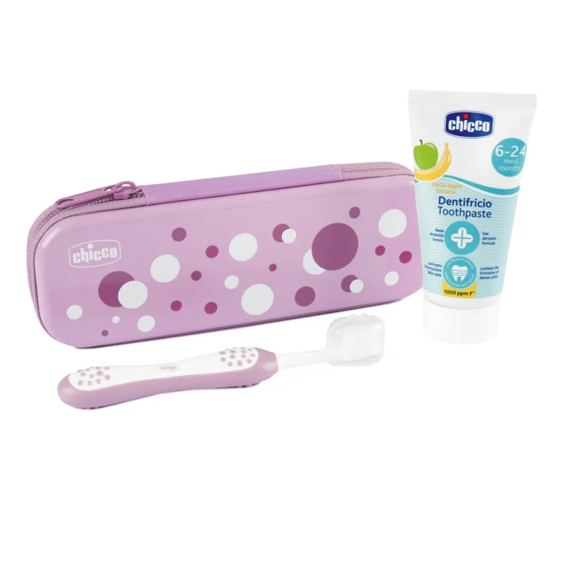 CHICCO Set zubní kartáček a pasta v pouzdře Always smiling - lilac, 6m+