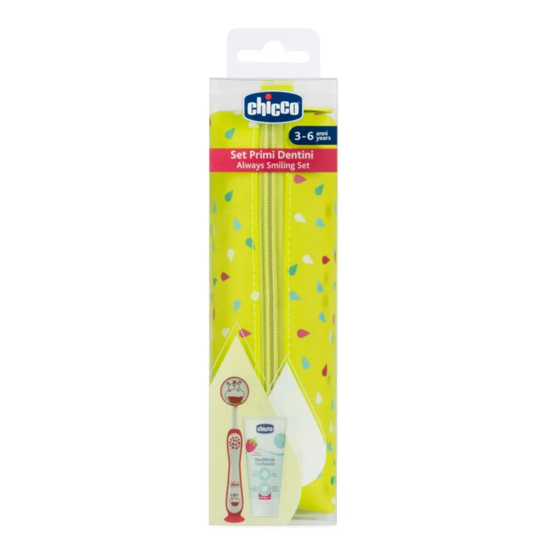 CHICCO Set zubní kartáček a pasta v pouzdře - Hippo, 3r+