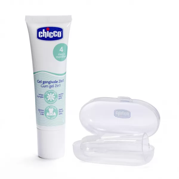CHICCO Set zubní uklidňující gel a kartáček na prst s pouzdrem 4m+