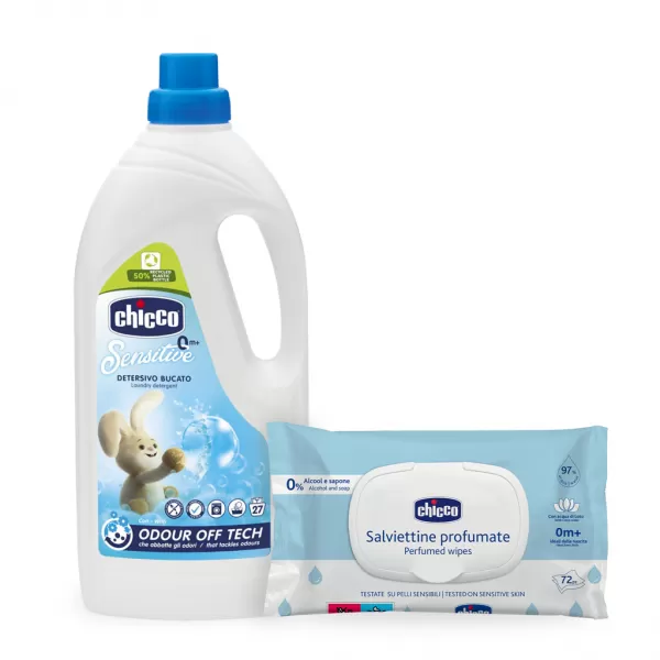 CHICCO Prostředek prací dětský Sensitive 1,5 l (27 praní) + vlhčené ubrousky 72 ks zdarma