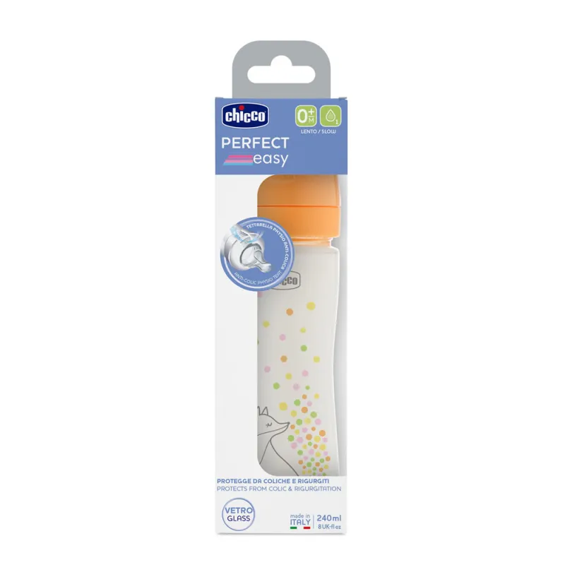 CHICCO Kojenecká skleněná láhev Perfect Easy 240 ml, pomalý silikonový průtok, pro dívky, 0m+