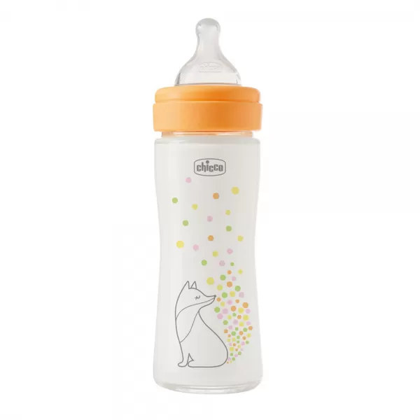 CHICCO Kojenecká skleněná láhev Perfect Easy 240 ml, pomalý silikonový průtok, pro dívky, 0m+