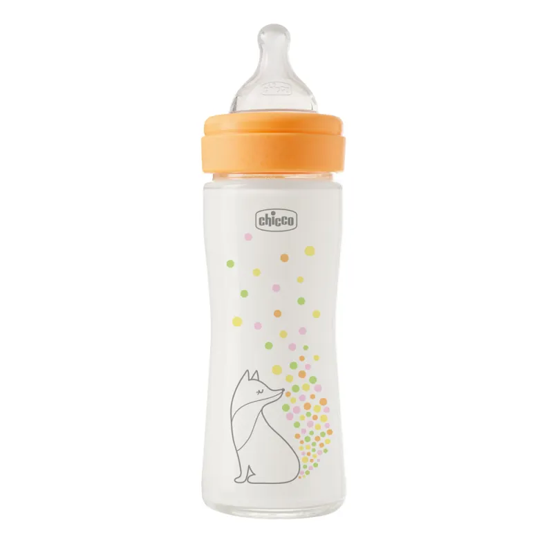 CHICCO Kojenecká skleněná láhev Perfect Easy 240 ml, pomalý silikonový průtok, pro dívky, 0m+
