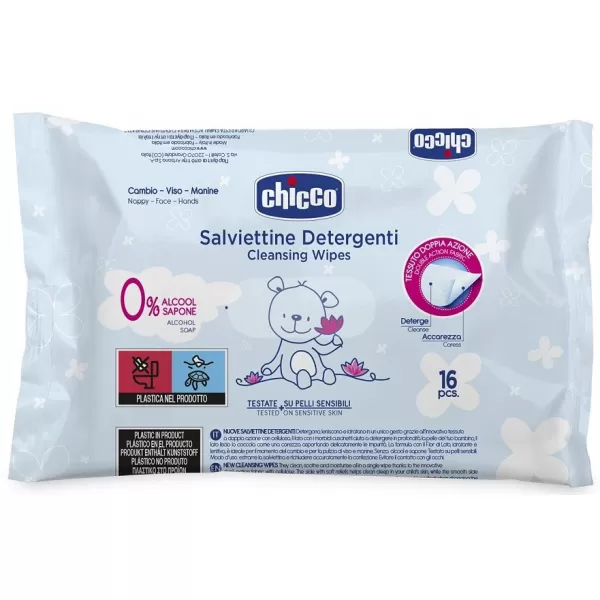 Chicco Dětské čisticí vlhčené ubrousky sensitive s lotosovou vodou, 0 % alkoholu, 16 ks do kabelky